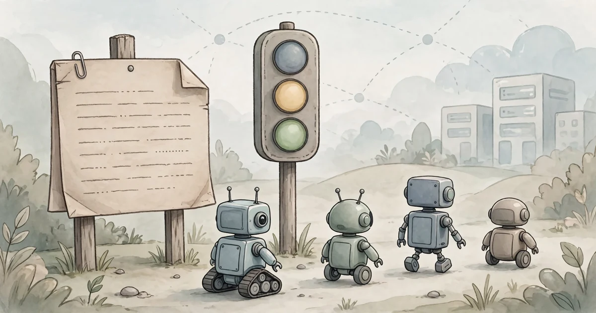 掲示板の前で信号を見上げる小さなロボットたちを描いたイラスト