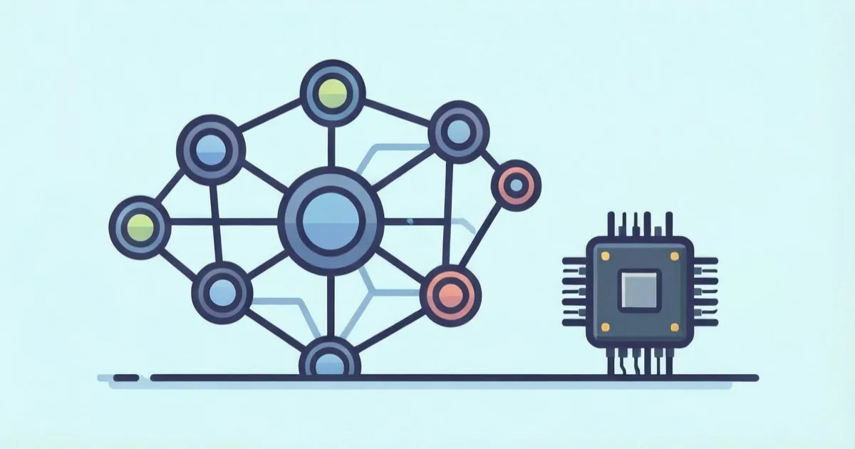 a large language model network diagram beside a small lightweight computer chip icon, clean flat illustration, no text or logos