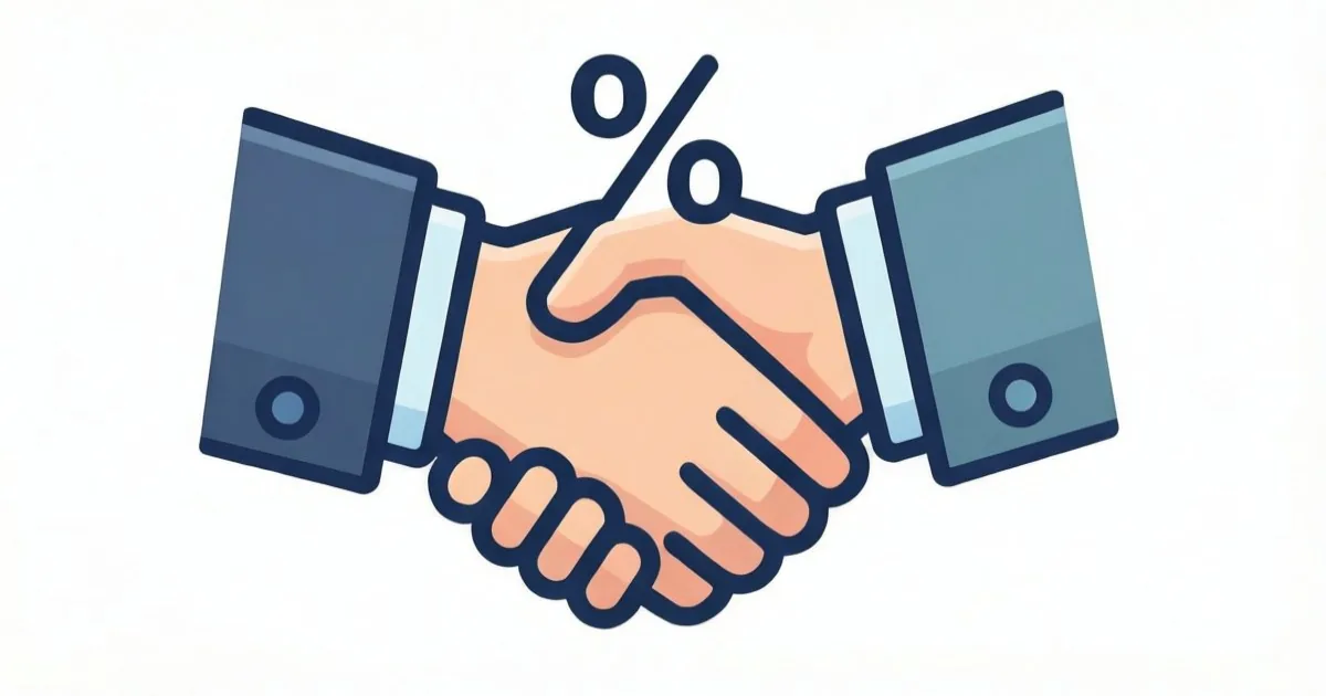 a handshake icon overlaid with a percentage revenue-share symbol, clean flat illustration, no text or logos