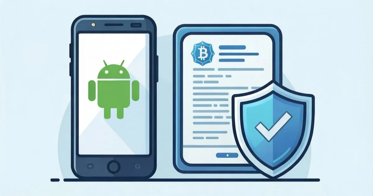 a clean Android smartphone beside a public cryptographic ledger and a verification shield, no text or logos