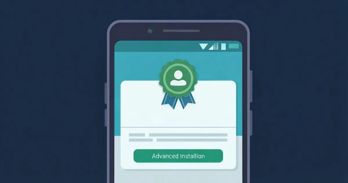 an Android smartphone showing an app installation flow with a developer identity badge and a separate advanced installation path, clean flat illustration, no text or logos