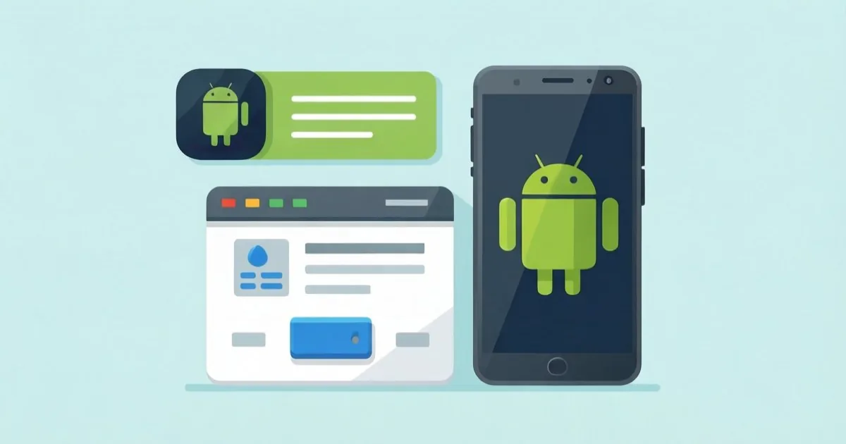 a small indie developer checking package name registration in a simple developer console beside an Android phone, clean flat illustration, no text or logos