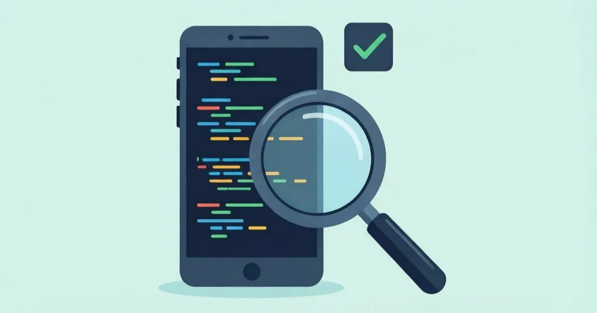 an AI coding assistant reviewing and iterating on its own code output before completing a task, clean flat illustration, no text or logos