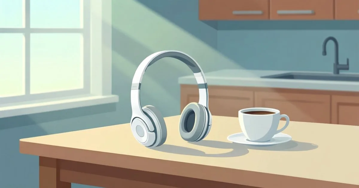 静かな朝のキッチンで、コーヒーカップの隣に置かれた小さな白いイヤホン。窓の外は柔らかい光
