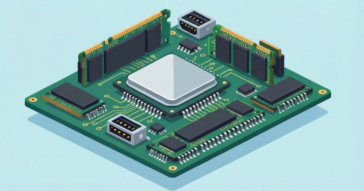 中央のCPU、周囲のメモリー、複数の入出力端子を持つ計算基板を精密な静物として描く。チップに