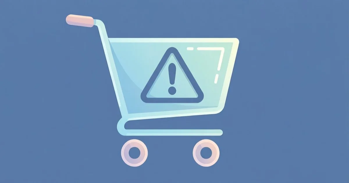 an online shopping cart icon with a warning triangle, clean flat illustration, no text or logos