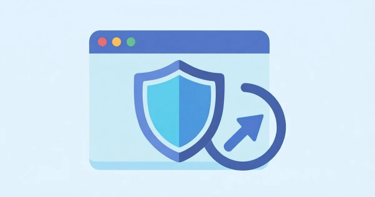 a browser window icon with a shield and an update arrow, clean flat illustration, no text or logos