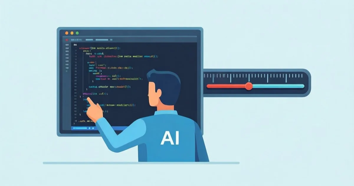 ターミナル画面でコードを書くAIエージェントと、伸び続ける目盛りのゲージのイメージ、フラットなイラスト