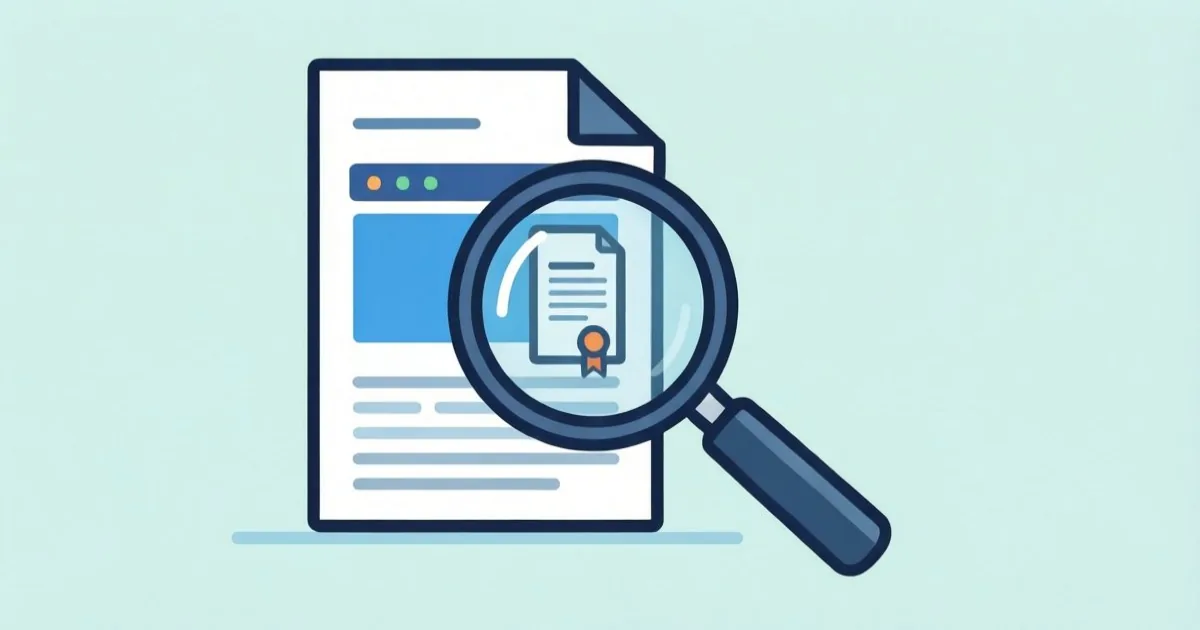 a magnifying glass examining a digital image file with a small certificate icon, clean flat illustration, no text or logos