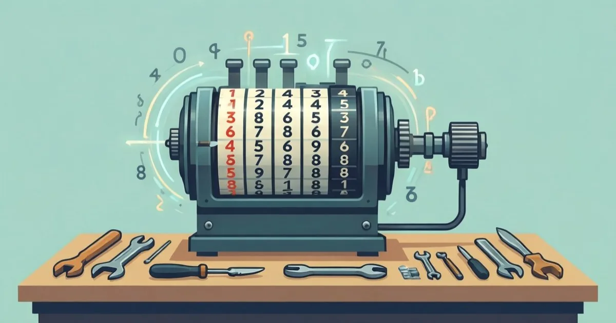 机の上に置かれた古い機械式のカウンターが、数字を高速に回している静物イラスト。周囲には工具が整然と並ぶ