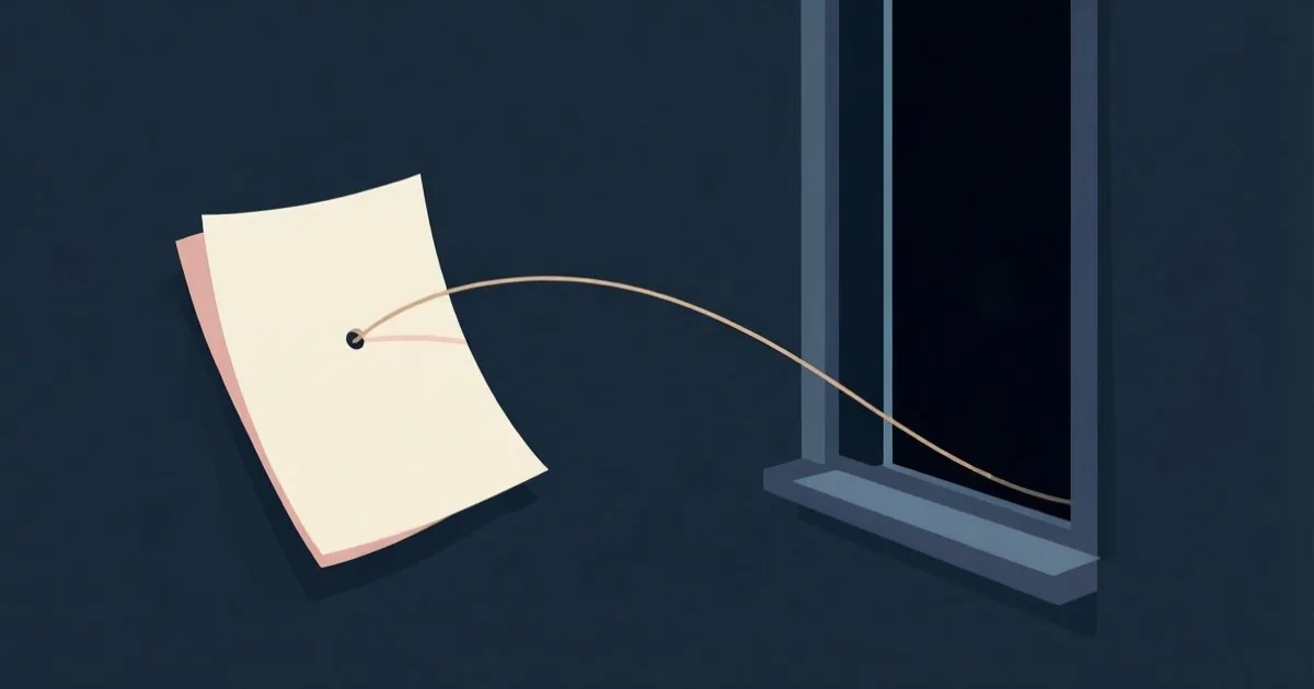 一枚の紙に書かれた文書から、細い糸が窓の外へ伸びていく抽象的なイラスト。糸の先は暗闇に消える