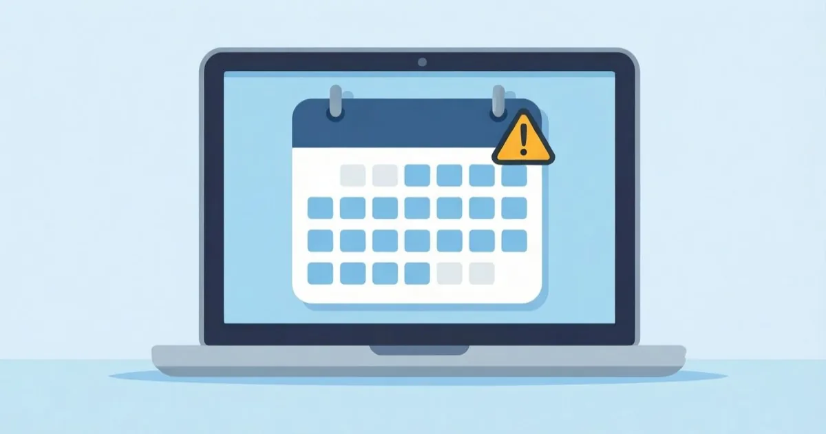 a corporate groupware calendar screen on a laptop with a small warning icon over the schedule feature, clean flat illustration, no text or logos