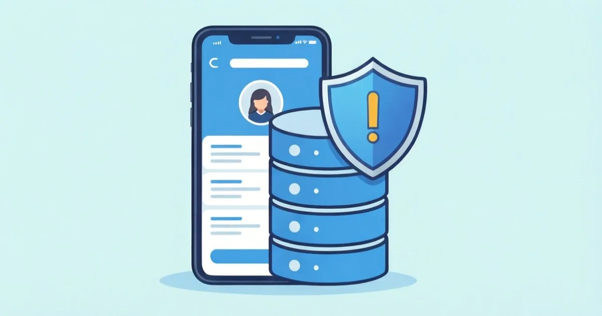 a salon booking app on a smartphone with a warning shield icon over a customer database icon, clean flat illustration, no text or logos
