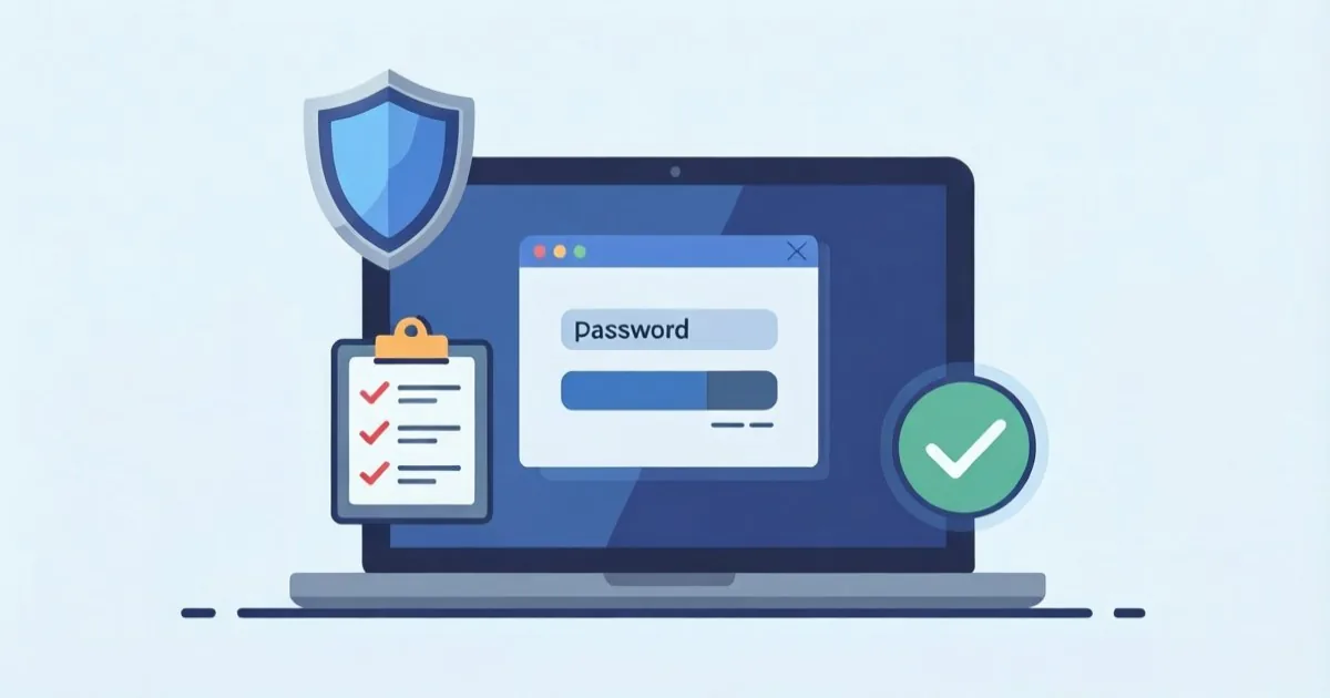 a person changing their password on a laptop with a checklist of accounts to update, clean flat illustration, no text or logos