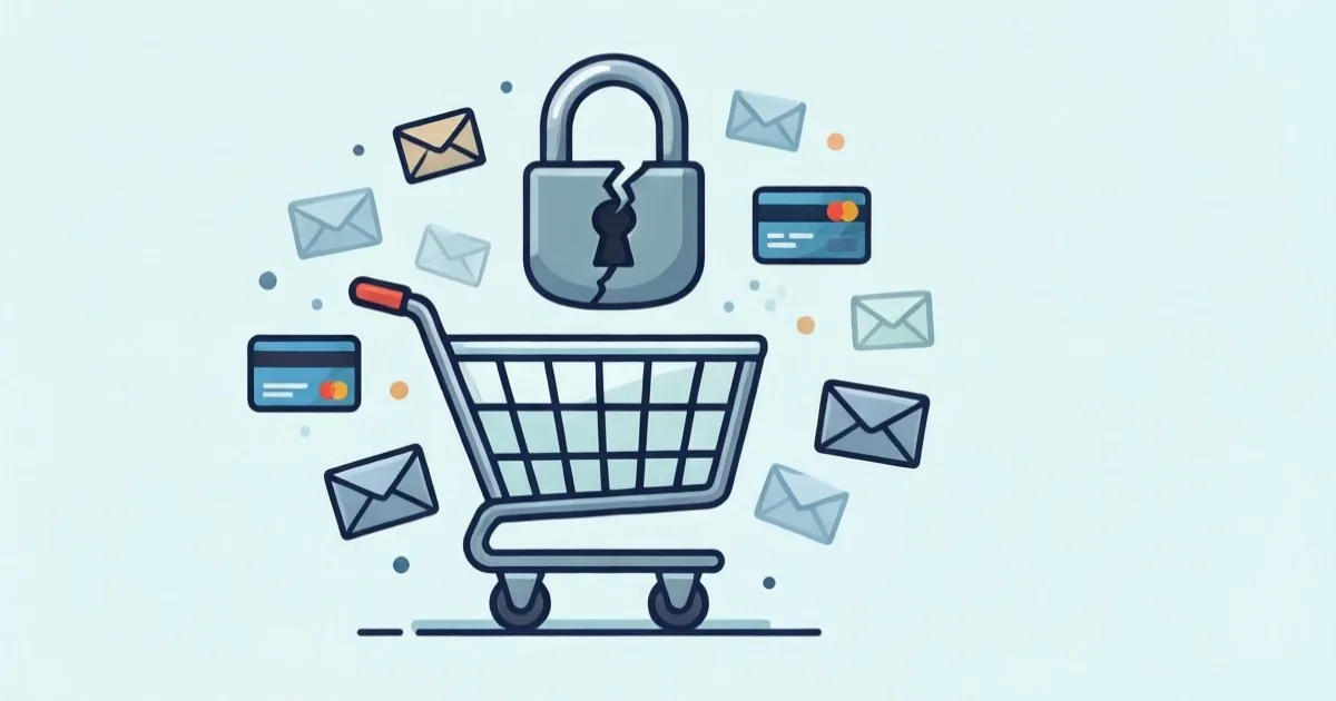 a padlock icon broken open above an online shopping cart icon, surrounded by scattered data fragments like envelope and credit card icons, clean flat illustration, no text or logos
