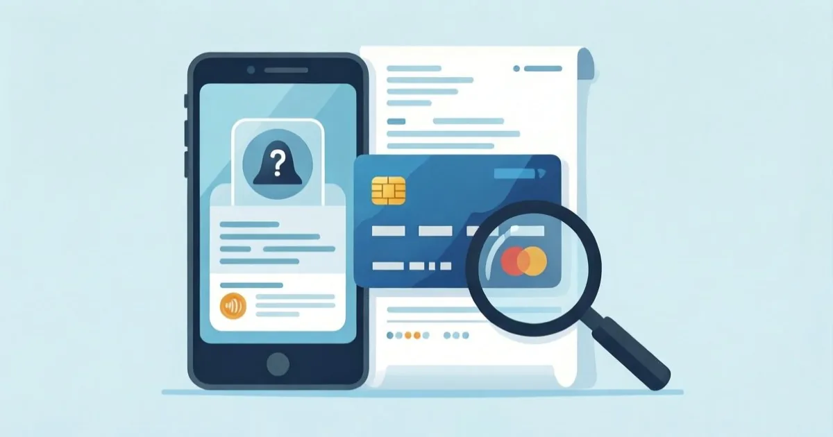 a smartphone showing a suspicious text message notification next to a credit card statement with a magnifying glass icon, clean flat illustration, no text or logos