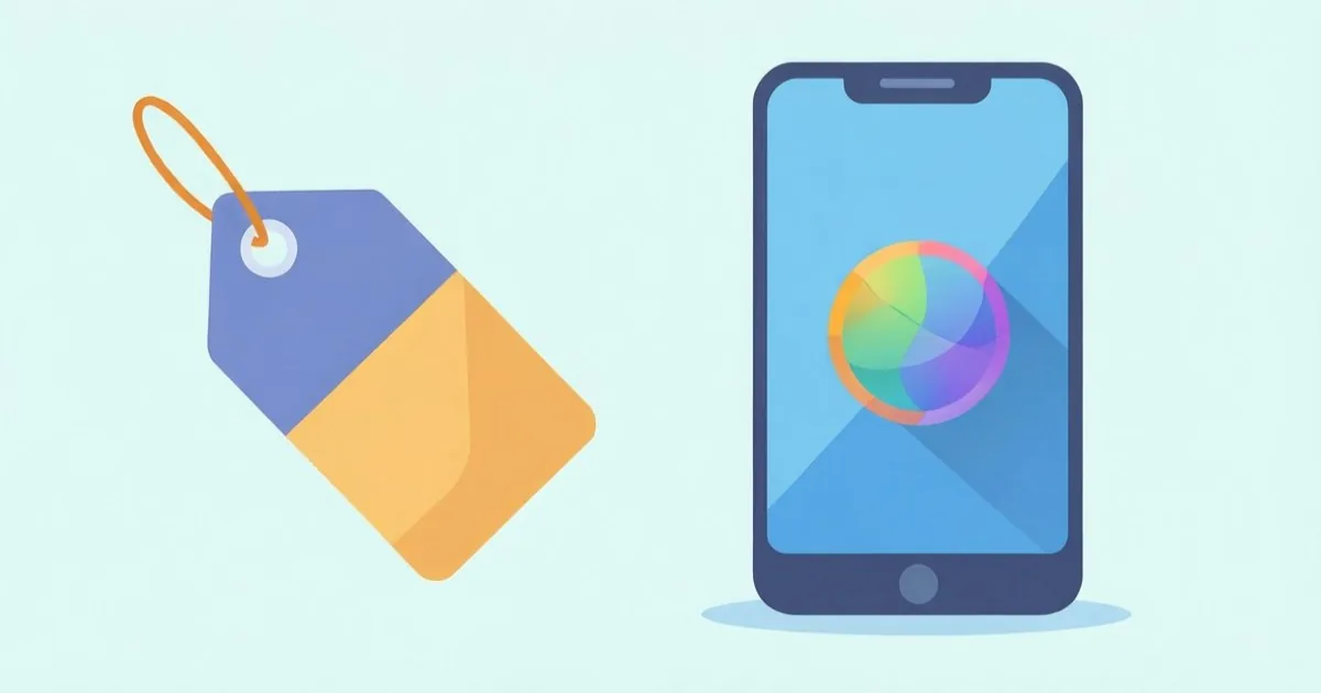 半分になる価格タグのイラストと、スマートフォンのアプリアイコン