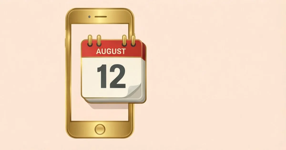 a smartphone launch event invitation with a golden metallic phone silhouette and a calendar marking August 12, clean flat illustration, no text or logos