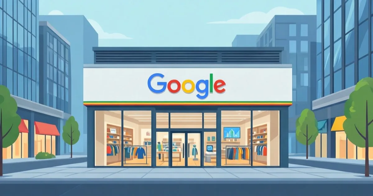 a Google branded retail store storefront in an urban shopping district, clean flat illustration, no text or logos