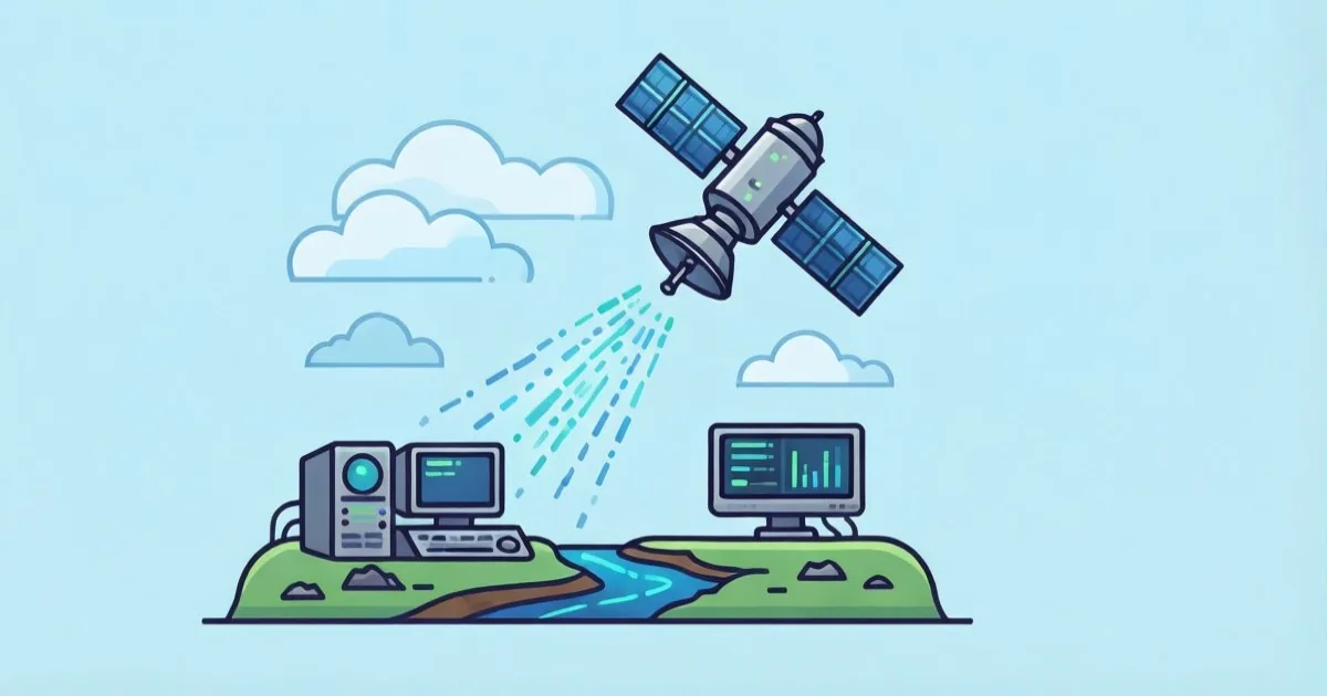 地球の上空に気象衛星があり、雲の観測が地上の計算設備へ流れ込む。地図の国境や