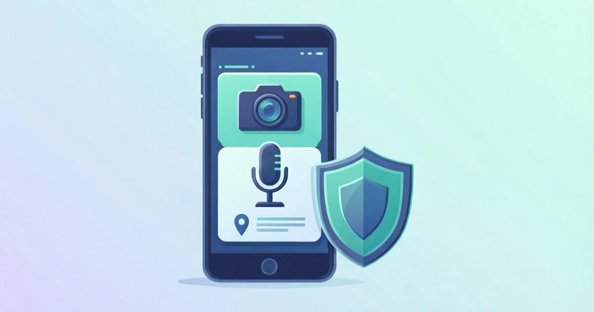 スマートフォンの設定画面にカメラ、マイク、位置情報の権限アイコンと盾を表示したイラスト