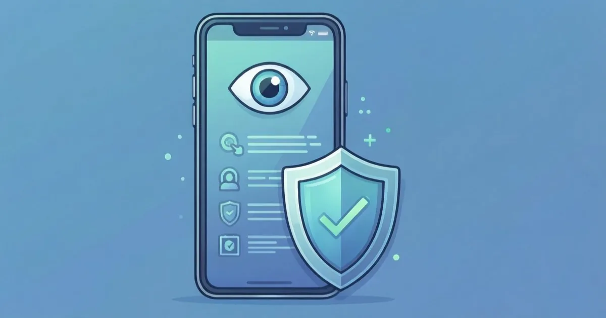iPhoneのプライバシー設定とアプリのアクセス履歴を確認する画面、目のアイコンと盾のイラスト