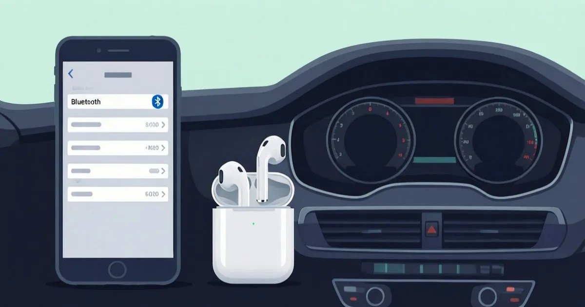a person checking Bluetooth settings on an Android phone beside wireless earbuds and a car dashboard, clean flat illustration, no text or logos