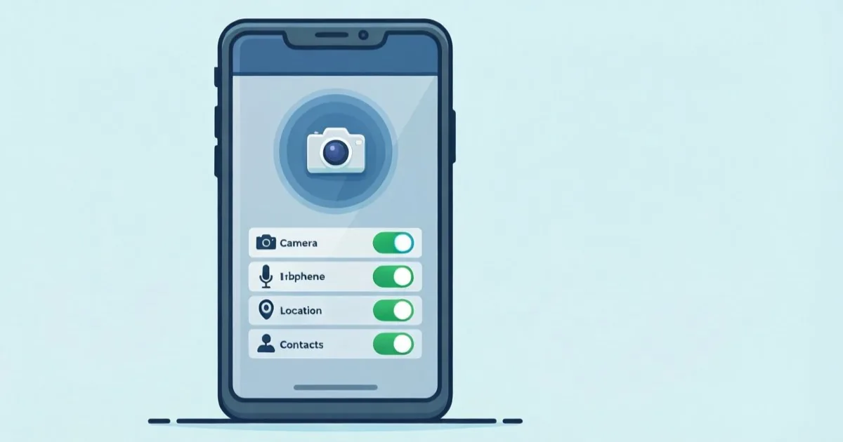 a smartphone privacy settings screen with camera microphone location and contacts permission toggles, clean flat illustration, no text or logos