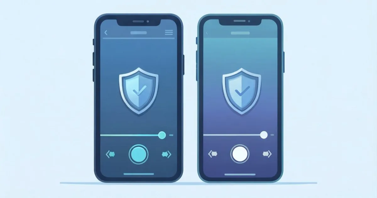 a person reviewing app permissions on an Android and iPhone side by side, shield icons and simple privacy controls, clean flat illustration, no text or logos