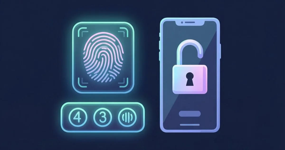 a smartphone lock screen with a PIN pad and a fingerprint icon glowing, clean flat illustration, no text or logos
