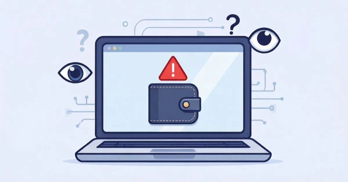 two business people looking suspiciously at a laptop showing an urgent payment request email, clean flat illustration, no text or logos