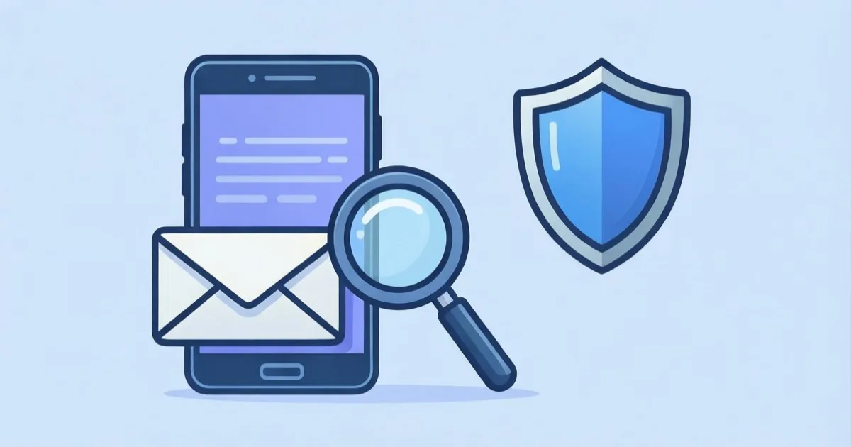 スマートフォンで不審なメールを確認して警戒する人のイラスト、フラットなイラスト