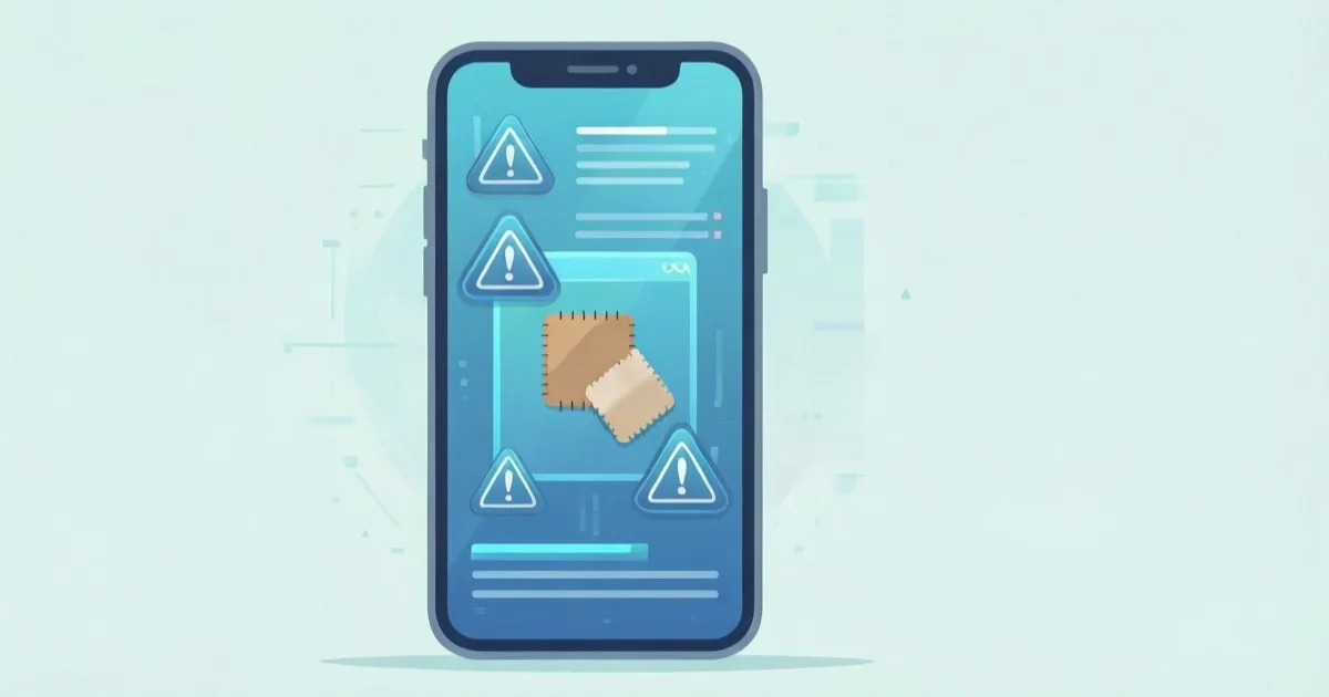 スマートフォンの画面に並ぶ複数の警告アイコンと修正パッチのイラスト