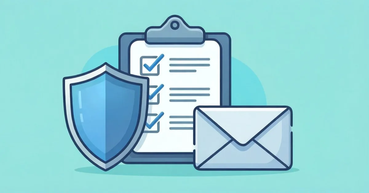 a small business IT staff member reviewing a security checklist document with email and shield icons, clean flat illustration, no text or logos