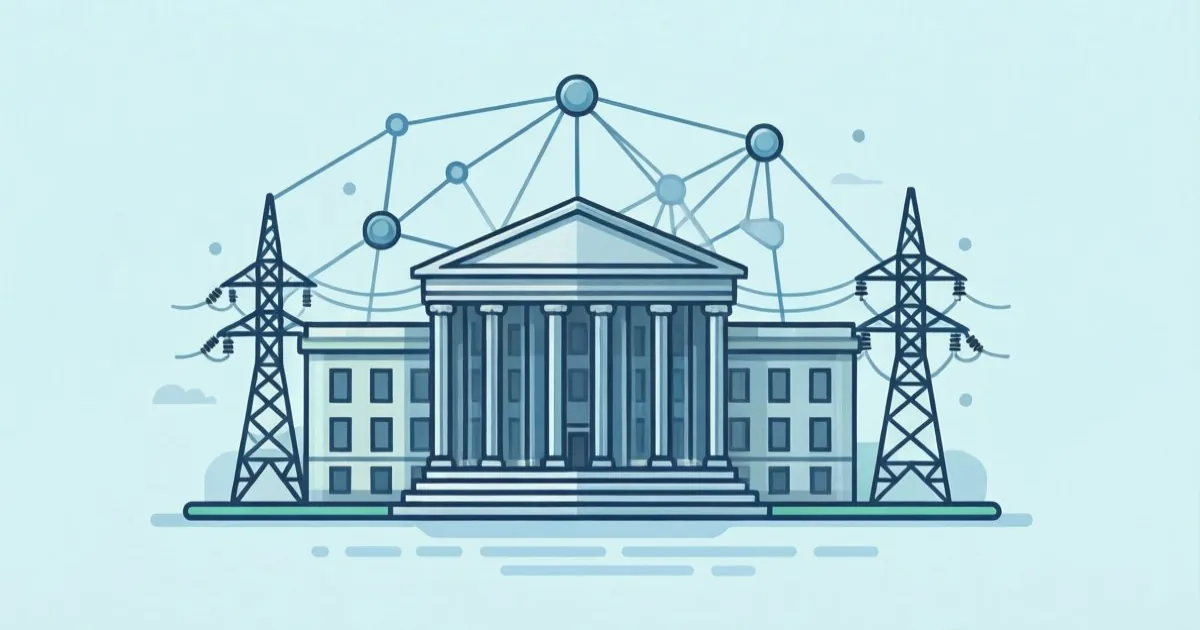 a government building icon connected to network nodes representing critical infrastructure sectors like power grid and communication towers, clean flat illustration, no text or logos