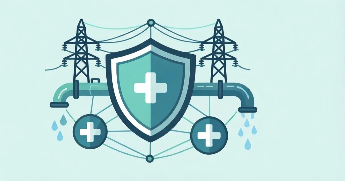 a shield protecting interconnected icons of power lines water pipes and hospital cross representing critical infrastructure resilience, clean flat illustration, no text or logos