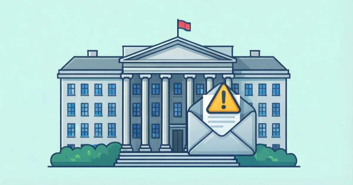 a government research institution building with a warning icon overlaid on an email envelope, clean flat illustration, no text or logos