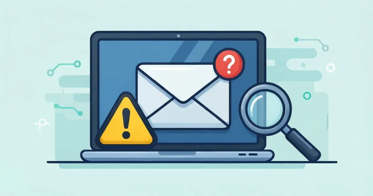 a researcher checking a suspicious email on a laptop screen with a caution symbol, clean flat illustration, no text or logos