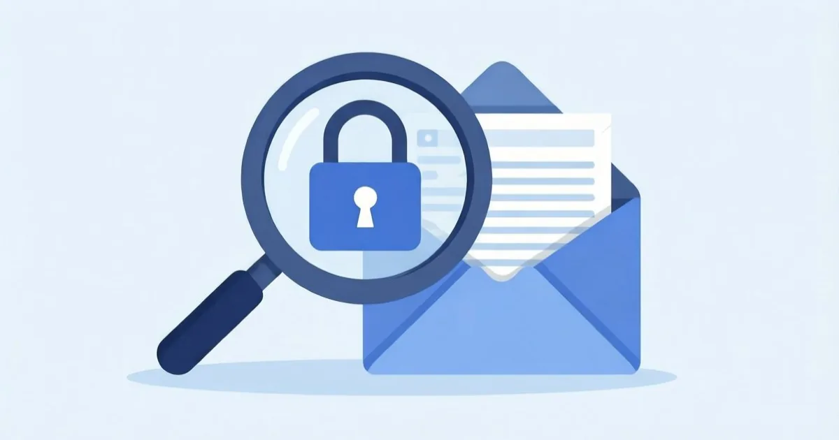 a magnifying glass over a padlock icon beside a stack of emails, clean flat illustration, no text or logos