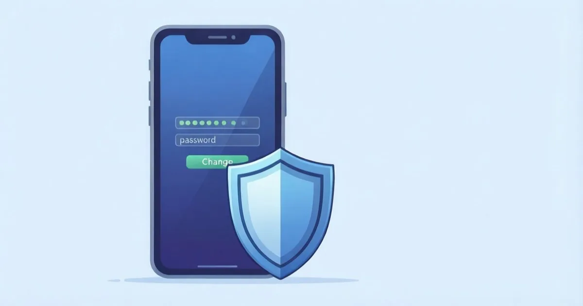 a smartphone showing a password change screen next to a shield icon, clean flat illustration, no text or logos