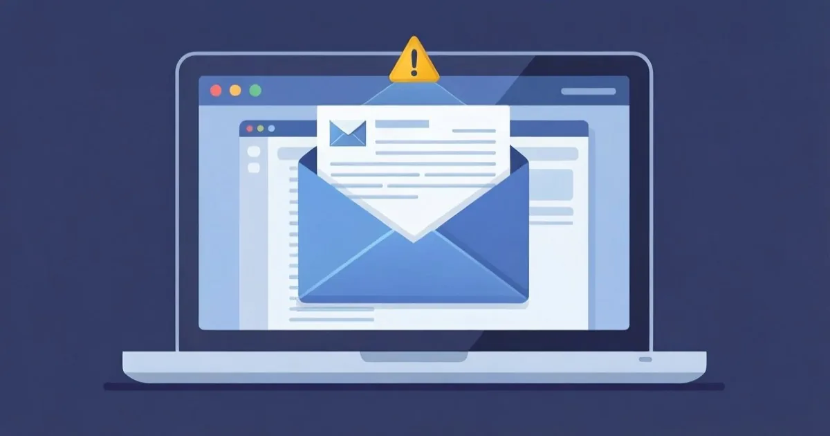 a corporate email inbox on a laptop screen with a phishing warning icon over one message, clean flat illustration, no text or logos