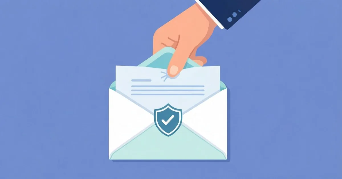 a hand sealing a return envelope with a privacy sticker for a government form, clean flat illustration, no text or logos