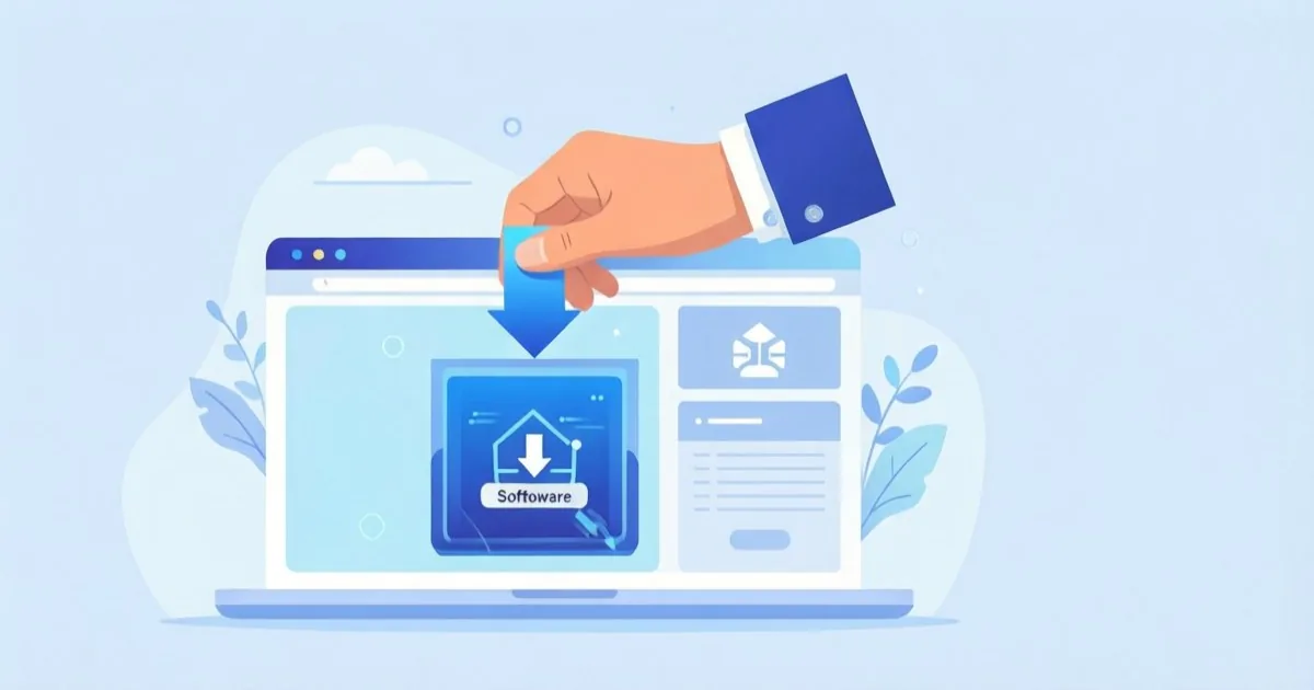 a hand downloading a software installer from an official-looking website, clean flat illustration, no text or logos