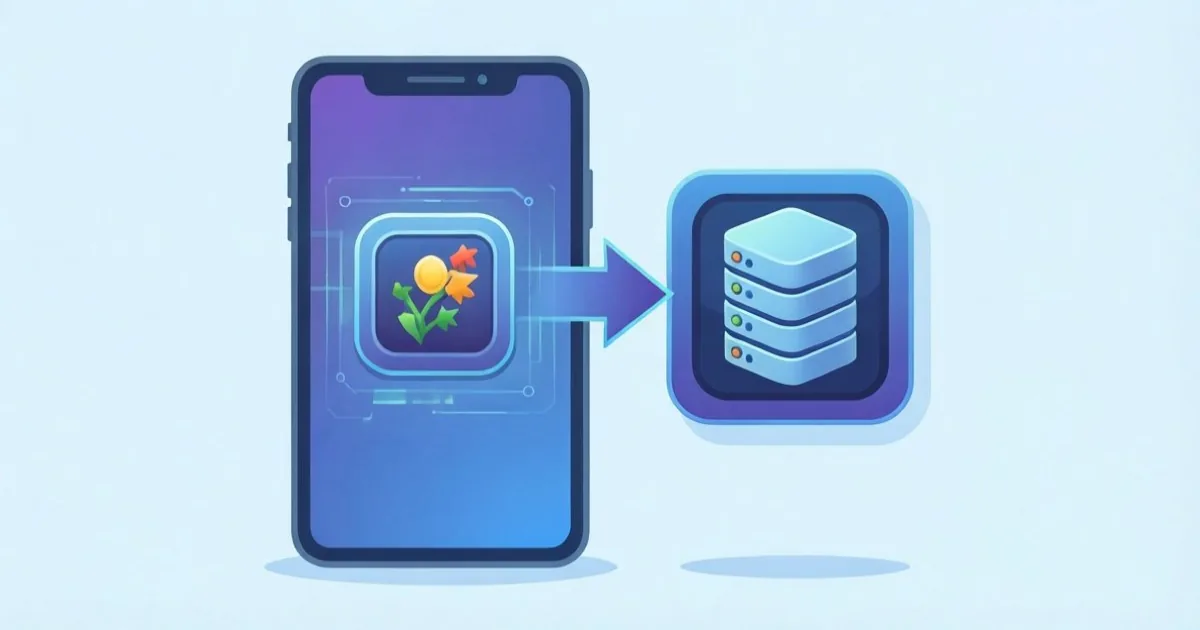 a mobile game icon on a smartphone screen with a data transmission arrow pointing to an external server icon, clean flat illustration, no text or logos