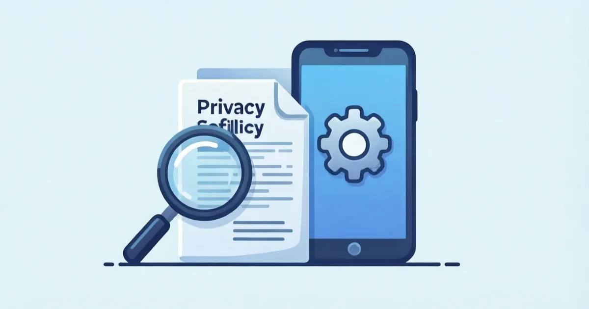 a magnifying glass over a privacy policy document icon next to a smartphone settings icon, clean flat illustration, no text or logos