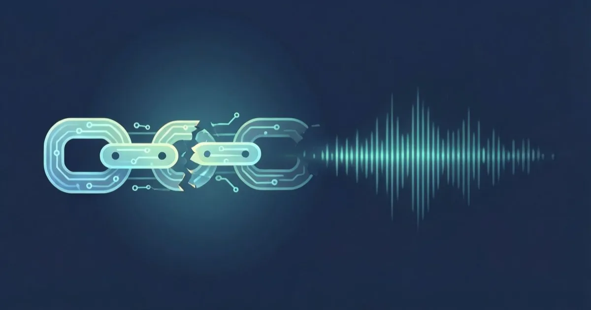 an abstract digital illustration of a broken supply chain link made of glowing circuit patterns, no text or logos