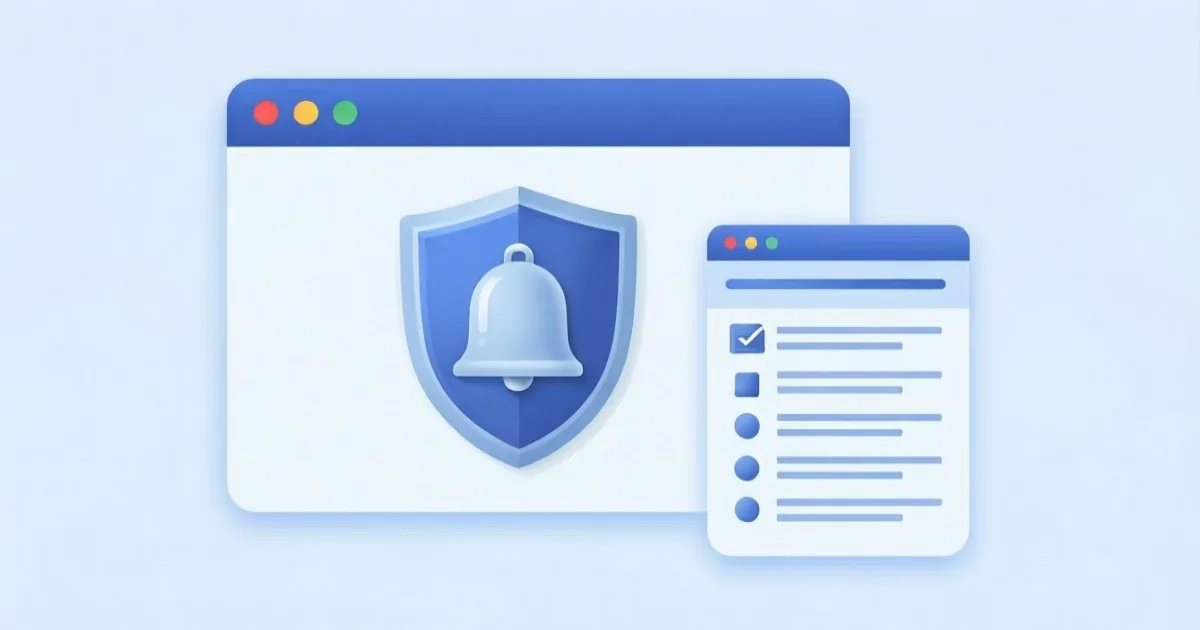 a desktop browser window with a notification bell, a permission list, and a shield, clean flat illustration, no text or logos