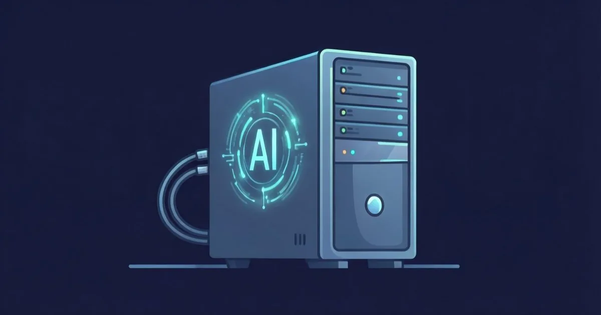 a single desktop computer tower running a glowing AI processing icon, no internet cable connected, clean flat illustration, no text or logos