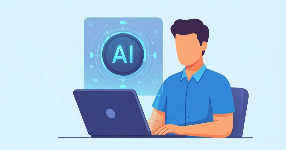 a small business owner using a laptop with a simple AI assistant interface, clean flat illustration, no text or logos