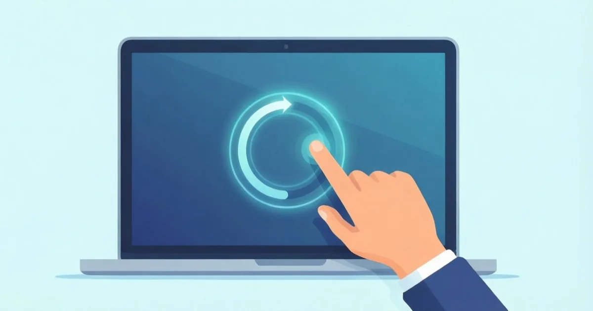 a person clicking the restart button on a laptop update notification, clean flat illustration, no text or logos